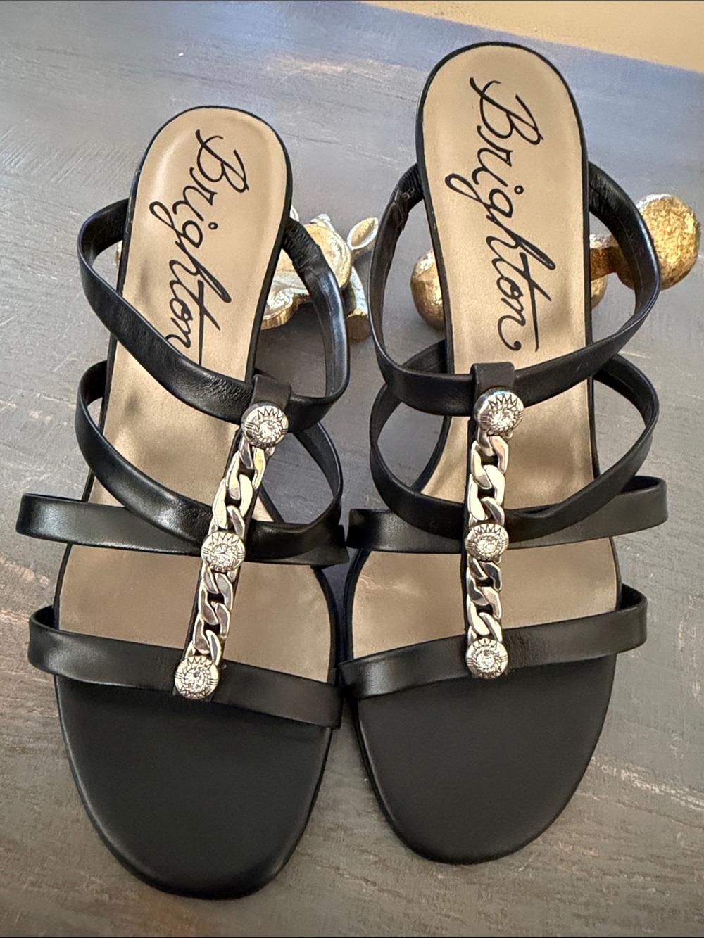 Brighton Black Strappy Sandals with Chain & Rhinestone Accents